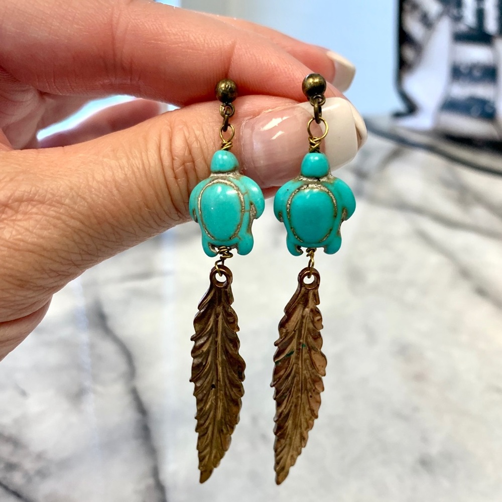 Artisan Brass Turquoise Turtle Feather Earrings
